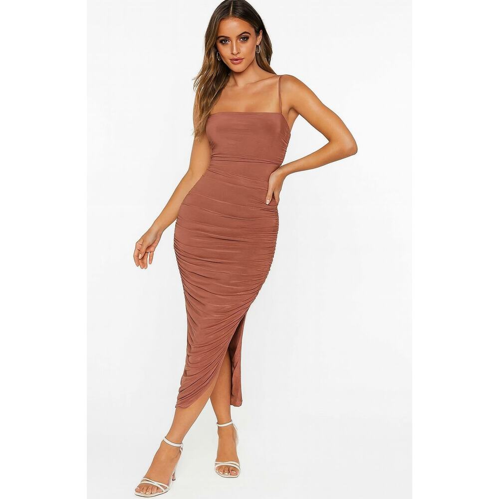 NBD‎ Natasha Maxi Dress X-Small Mocha Mauve Ruched Sleeveless Stretch Slit, XS